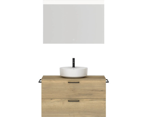 Badmöbel-Set NOBILIA Modern BxHxT 100 x 169,1 x 49 cm Frontfarbe eiche hell mit Spiegel eckig mit LED-Beleuchtung Griff schwarz 710
