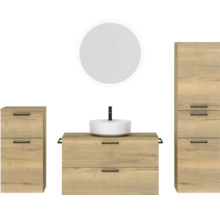 Badmöbel-Set NOBILIA Modern BxHxT 180 x 169,1 x 49 cm Frontfarbe eiche hell mit Spiegel rund mit LED-Beleuchtung Unterschrank Midischrank Griff schwarz 750
