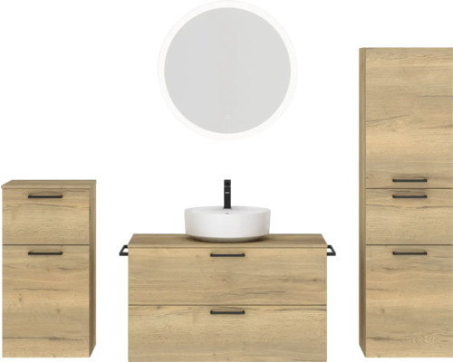 Badmöbel-Set NOBILIA Modern BxHxT 180 x 169,1 x 49 cm Frontfarbe eiche hell mit Spiegel rund mit LED-Beleuchtung Unterschrank Midischrank Griff schwarz 750 Badmöbel-Set NOBILIA Modern BxHxT 180 x 169,1 x 49 cm Frontfarbe eiche hell mit Spiegel rund mit LED-Beleuchtung Unterschrank Midischrank Griff schwarz 750