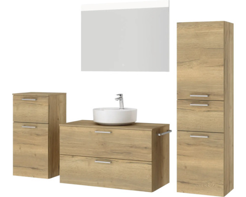 Badezimmermöbel-Set mit Waschtisch, Waschbecken, Spiegelschrank und Hochschrank