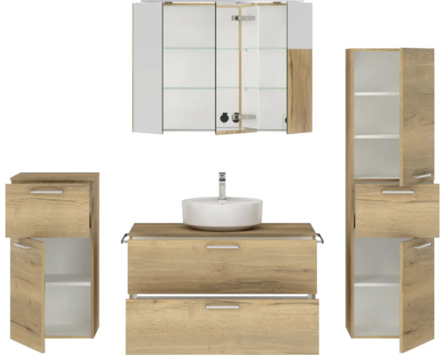 Modernes Badezimmermöbelset mit Waschbeckenunterschrank, Spiegelschrank und Hochschrank für Badezimmer