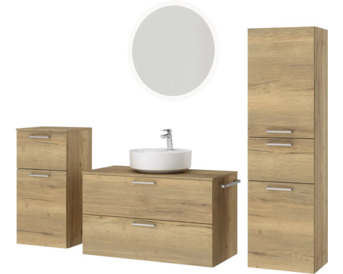 Badezimmer-Set mit Waschtischunterschrank, Aufsatzwaschbecken, Spiegelschrank und Hochschrank