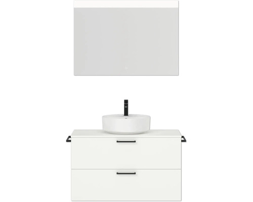 Badmöbel-Set NOBILIA Modern BxHxT 100 x 59,1 x 49 cm Frontfarbe weiß mit Spiegel eckig mit LED-Beleuchtung Griff schwarz 704