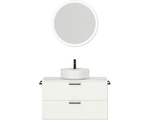 Badmöbel-Set NOBILIA Modern BxHxT 100 x 169,1 x 49 cm Frontfarbe weiß mit Spiegel rund mit LED-Beleuchtung Griff schwarz 720