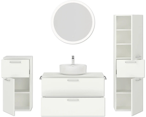 Badezimmerensemble mit Waschtisch, Spiegel und Hochschrank