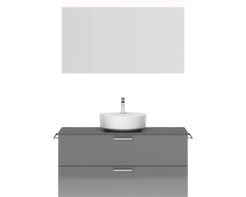 Badmöbel-Set NOBILIA Modern BxHxT 120 x 169,1 x 49 cm Frontfarbe grau hochglanz mit Spiegel eckig mit LED-Beleuchtung Griff chrom matt 765