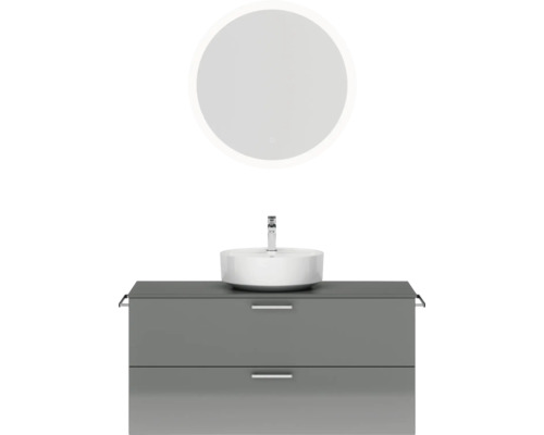 Badmöbel-Set NOBILIA Modern BxHxT 120 x 169,1 x 49 cm Frontfarbe grau hochglanz mit Spiegel rund mit LED-Beleuchtung Griff chrom matt 781