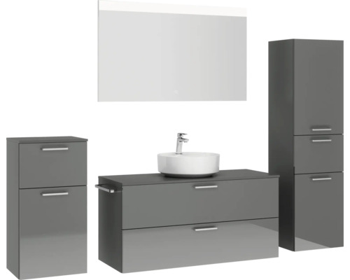Badezimmermöbelset mit Waschtisch, Waschbecken, Spiegelschrank und Hochschrank