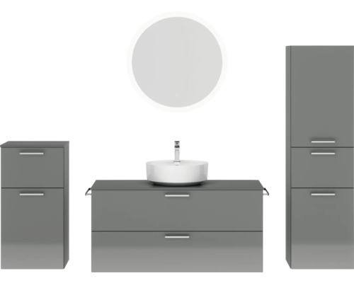 Badmöbel-Set NOBILIA Modern BxHxT 200 x 169,1 x 49 cm Frontfarbe grau hochglanz mit Spiegel rund mit LED-Beleuchtung Unterschrank Midischrank Griff chrom matt 805 Graue Badezimmermöbel mit Waschtisch, Spiegel und Hochschrank