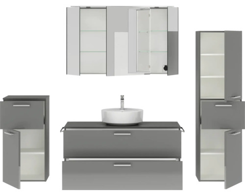 Graue Badezimmermöbel mit Waschtisch, Spiegelschrank und Hochschrank