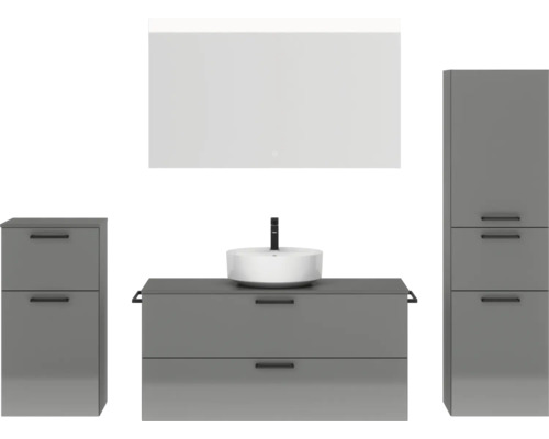 Badmöbel-Set NOBILIA Modern BxHxT 200 x 169,1 x 49 cm Frontfarbe grau hochglanz mit Spiegel mit LED-Beleuchtung Unterschrank Midischrank Griff schwarz 788 Badezimmerensemble mit Waschtisch, Aufsatzwaschbecken, Spiegelschrank und Hochschrank