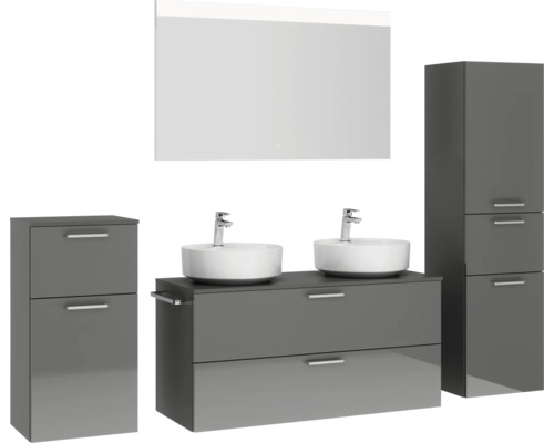 Badezimmermöbel-Set mit Waschtisch, Aufsatzwaschbecken, Spiegelschrank und Hochschrank für ein modernes Badezimmerdesign
