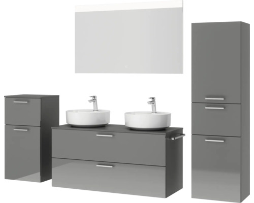 Graues Badezimmer-Set mit Waschtisch, zwei Waschbecken, Spiegelschrank und Hochschrank