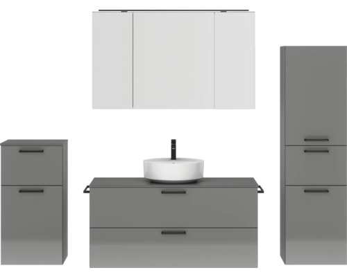 Badmöbel-Set NOBILIA Modern BxHxT 200 x 169,1 x 49 cm Frontfarbe grau hochglanz mit Spiegelschrank mit LED-Beleuchtung Unterschrank Midischrank Griff schwarz 796 Badezimmer mit Waschbecken, Unterschrank und Spiegelschrank