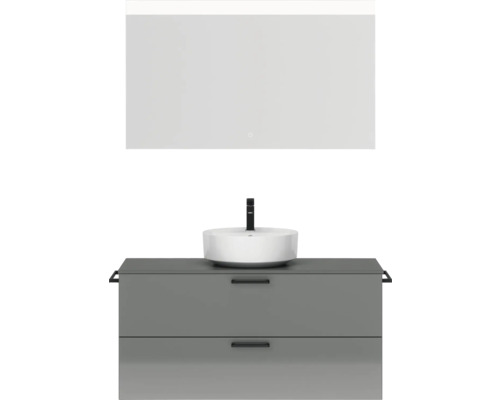 Badmöbel-Set NOBILIA Modern BxHxT 120 x 169,1 x 49 cm Frontfarbe grau hochglanz mit Spiegel eckig mit LED-Beleuchtung Griff schwarz 764