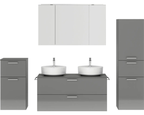 Doppel-Badmöbel-Set NOBILIA Modern BxHxT 200 x 169,1 x 49 cm Frontfarbe grau hochglanz mit Spiegelschrank mit LED-Beleuchtung Unterschrank Midischrank Griff chrom matt 845 Badezimmer Set mit Waschbecken, Unterschrank und Hochschrank