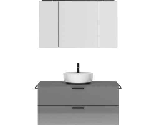 Badmöbel-Set NOBILIA Modern BxHxT 120 x 169,1 x 49 cm Frontfarbe grau hochglanz mit Spiegelschrank mit LED-Beleuchtung Griff schwarz 772