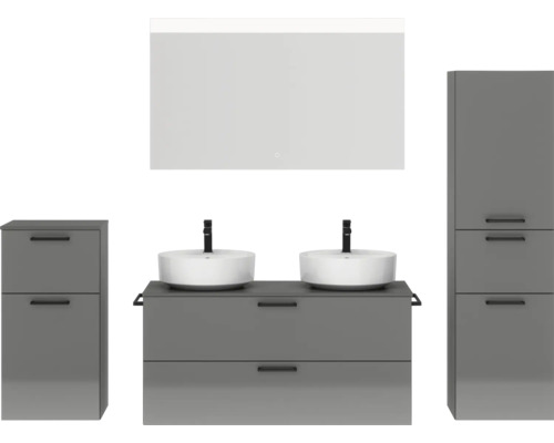 Doppel-Badmöbel-Set NOBILIA Modern BxHxT 200 x 169,1 x 49 cm Frontfarbe grau hochglanz mit Spiegel mit LED-Beleuchtung Unterschrank Midischrank Griff schwarz 836 Badezimmer Set mit Waschtisch, zwei Aufsatzwaschbecken, Spiegelschrank und zwei Hochschränken