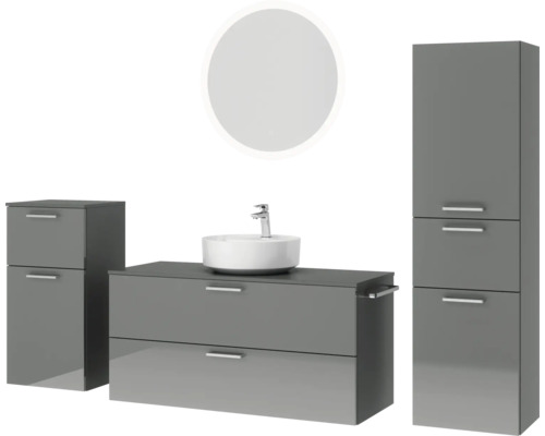 Badezimmer-Set mit Waschtisch, Unterschrank, Seitenschrank und Spiegel