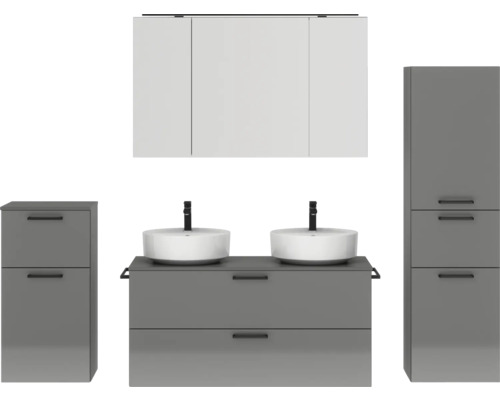 Doppel-Badmöbel-Set NOBILIA Modern BxHxT 200 x 169,1 x 49 cm Frontfarbe grau hochglanz mit Spiegelschrank mit LED-Beleuchtung Unterschrank Midischrank Griff schwarz 844 Badezimmerensemble mit Waschtisch, zwei Waschbecken, Spiegelschrank und zwei Hochschränken