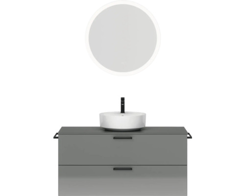Badmöbel-Set NOBILIA Modern BxHxT 120 x 169,1 x 49 cm Frontfarbe grau hochglanz mit Spiegel rund mit LED-Beleuchtung Griff schwarz 780