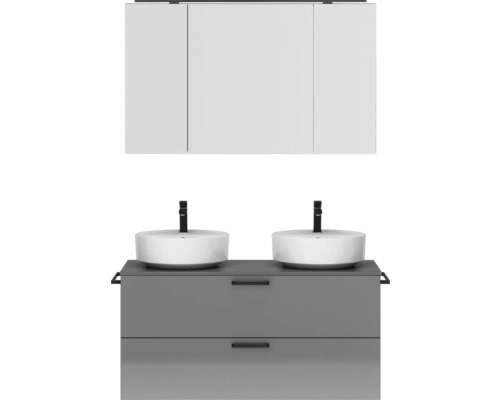 Doppel-Badmöbel-Set NOBILIA Modern BxHxT 120 x 169,1 x 49 cm Frontfarbe grau hochglanz mit Spiegelschrank mit LED-Beleuchtung Griff schwarz 828