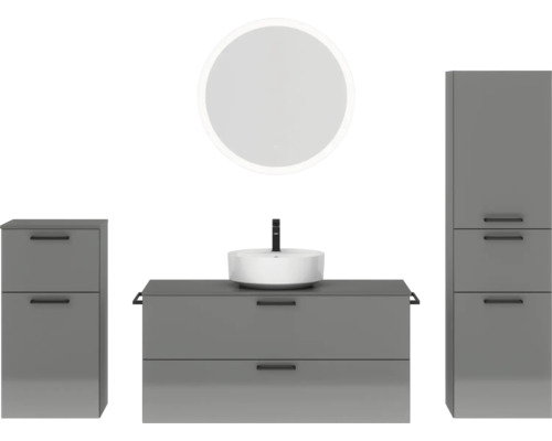 Badmöbel-Set NOBILIA Modern BxHxT 200 x 169,1 x 49 cm Frontfarbe grau hochglanz mit Spiegel rund mit LED-Beleuchtung Unterschrank Midischrank Griff schwarz 804 Badezimmermöbel-Set mit Waschtisch, Waschbecken, Spiegelschrank und Hochschrank