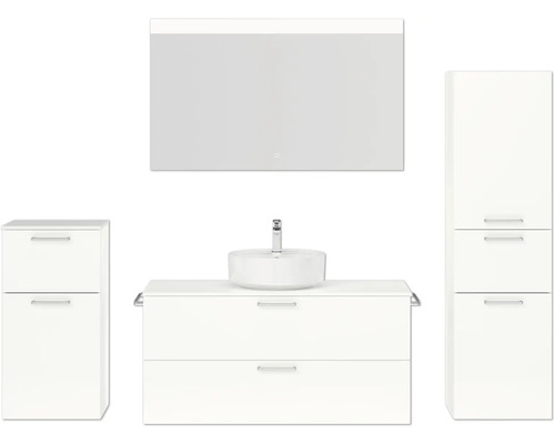 Badmöbel-Set NOBILIA Modern BxHxT 200 x 169,1 x 49 cm Frontfarbe weiß hochglanz mit Spiegel mit LED-Beleuchtung Unterschrank Midischrank Griff chrom matt 787 Badezimmer-Set mit Waschtisch, Aufsatzwaschbecken, Spiegelschrank und Hochschrank