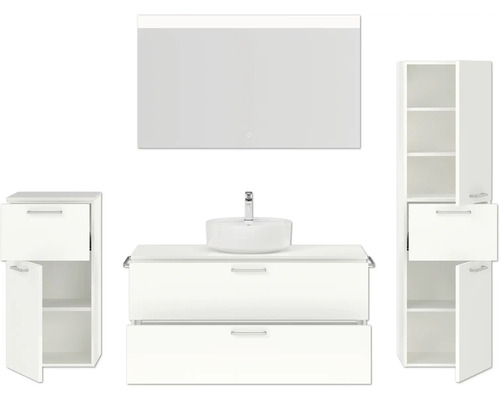 Badezimmer-Set mit Waschtisch, Waschbecken, Spiegelschrank und Hochschränken