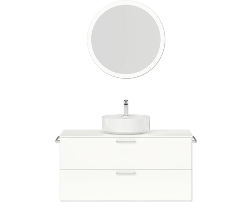 Badmöbel-Set NOBILIA Modern BxHxT 120 x 169,1 x 49 cm Frontfarbe weiß hochglanz mit Spiegel rund mit LED-Beleuchtung Griff chrom matt 779