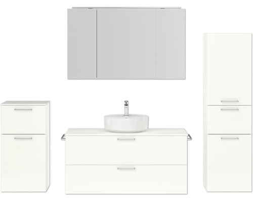 Badmöbel-Set NOBILIA Modern BxHxT 200 x 169,1 x 49 cm Frontfarbe weiß hochglanz mit Spiegelschrank mit LED-Beleuchtung Unterschrank Midischrank Griff chrom matt 795 Badezimmerensemble mit Waschtisch, Aufsatzwaschbecken, Spiegelschrank und Hochschrank für ein helles, organisiertes Badezimmer