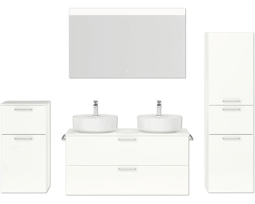 Doppel-Badmöbel-Set NOBILIA Modern BxHxT 200 x 169,1 x 49 cm Frontfarbe weiß hochglanz mit Spiegel mit LED-Beleuchtung Unterschrank Midischrank Griff chrom matt 835 Modernes Badezimmer-Set mit Doppelwaschbecken, Spiegelschrank und Seitenschränken für zusätzlichen Stauraum
