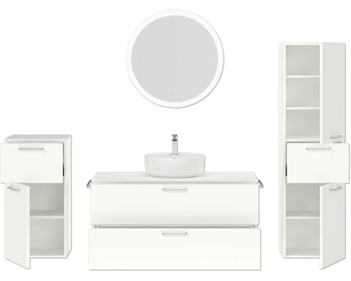 Badezimmerensemble mit Waschtisch, Spiegel und Schränken