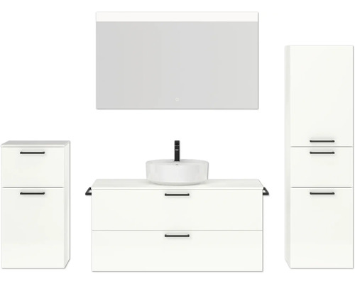Badmöbel-Set NOBILIA Modern BxHxT 200 x 169,1 x 49 cm Frontfarbe weiß hochglanz mit Spiegel mit LED-Beleuchtung Unterschrank Midischrank Griff schwarz 786 Modernes Badezimmer-Set mit Waschtisch, Spiegel und Schrank