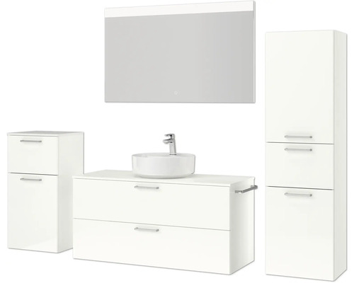 Badezimmermöbelset mit Waschtisch, Spiegel, Waschbecken und Schränken