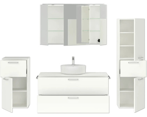 Badezimmermöbelset mit Waschbeckenunterschrank, Spiegelschrank und Hochschrank