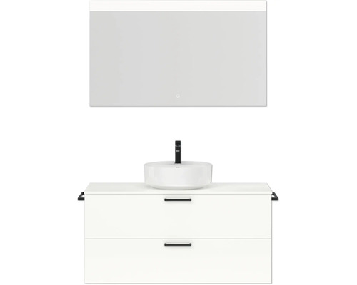Badmöbel-Set NOBILIA Modern BxHxT 120 x 169,1 x 49 cm Frontfarbe weiß hochglanz mit Spiegel eckig mit LED-Beleuchtung Griff schwarz 762