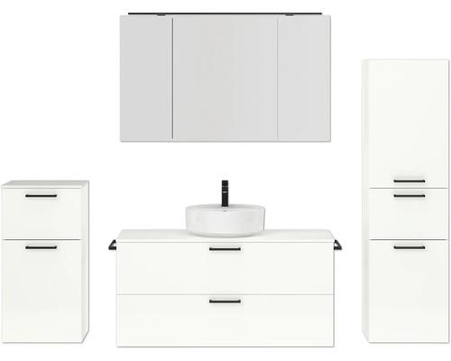 Badmöbel-Set NOBILIA Modern BxHxT 200 x 169,1 x 49 cm Frontfarbe weiß hochglanz mit Spiegelschrank mit LED-Beleuchtung Unterschrank Midischrank Griff schwarz 794 Badezimmer-Set mit Waschbecken, Unterschrank, Hochschrank und Hängeschrank