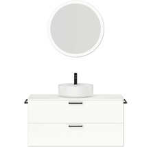 Badmöbel-Set NOBILIA Modern BxHxT 120 x 169,1 x 49 cm Frontfarbe weiß hochglanz mit Spiegel rund mit LED-Beleuchtung Griff schwarz 778