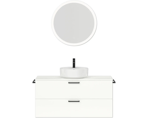 Badmöbel-Set NOBILIA Modern BxHxT 120 x 169,1 x 49 cm Frontfarbe weiß hochglanz mit Spiegel rund mit LED-Beleuchtung Griff schwarz 778