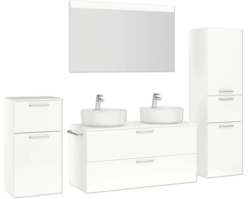 Badezimmerensemble mit Waschbeckenunterschrank, zwei Aufsatzwaschbecken, Spiegelschrank und Hochschrank