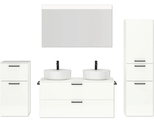 Doppel-Badmöbel-Set NOBILIA Modern BxHxT 200 x 169,1 x 49 cm Frontfarbe weiß hochglanz mit Spiegel mit LED-Beleuchtung Unterschrank Midischrank Griff schwarz 834 Badezimmer Set mit Waschtisch, Aufsatzwaschbecken, Spiegelschrank und Hochschrank