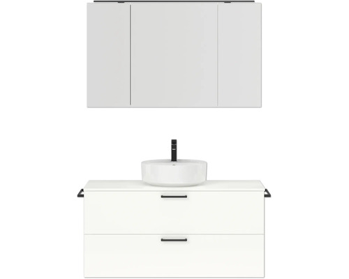 Badmöbel-Set NOBILIA Modern BxHxT 120 x 169,1 x 49 cm Frontfarbe weiß hochglanz mit Spiegelschrank mit LED-Beleuchtung Griff schwarz 770