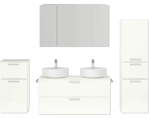 Doppel-Badmöbel-Set NOBILIA Modern BxHxT 200 x 169,1 x 49 cm Frontfarbe weiß hochglanz mit Spiegelschrank mit LED-Beleuchtung Unterschrank Midischrank Griff chrom matt 843 Modernes Badezimmerensemble mit Waschtischunterschrank, zwei Aufsatzwaschbecken, Spiegelschrank und Hochschrank.