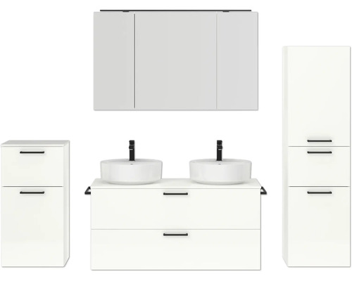 Doppel-Badmöbel-Set NOBILIA Modern BxHxT 200 x 169,1 x 49 cm Frontfarbe weiß hochglanz mit Spiegelschrank mit LED-Beleuchtung Unterschrank Midischrank Griff schwarz 842 Badezimmerensemble mit Waschbecken, Unterschrank, Spiegelschrank und Hochschrank