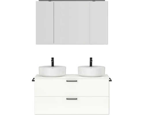 Doppel-Badmöbel-Set NOBILIA Modern BxHxT 120 x 169,1 x 49 cm Frontfarbe weiß hochglanz 2-teilig mit Spiegelschrank mit LED-Beleuchtung Griff schwarz 826