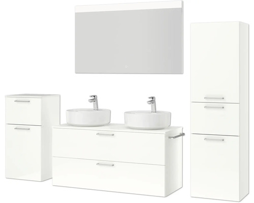 Badezimmerensemble mit Waschtischen, Unterschränken, Hochschrank und Spiegel