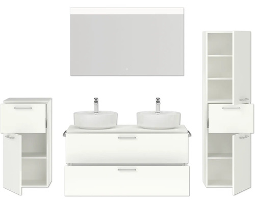Badezimmerensemble mit Waschtisch, zwei Aufsatzwaschbecken, Spiegelschrank und Hochschränken