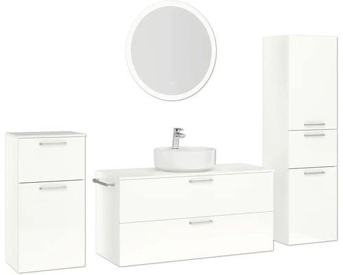 Badezimmerensemble mit Waschtisch, Spiegel und Hochschrank