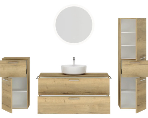 Badezimmerensemble mit Waschtisch, Spiegel und Schrank